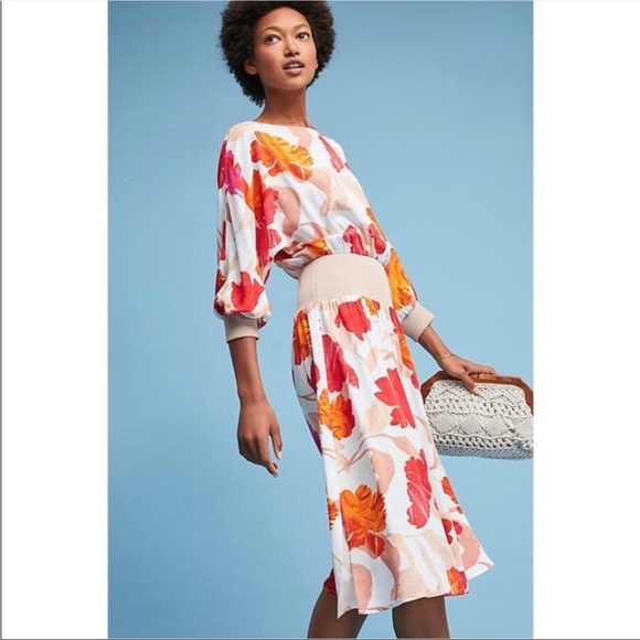 𝅺ANTHROPOLOGIE Maeve Gemma floral ribbed cuffs midi dress - Picture 2 of 12